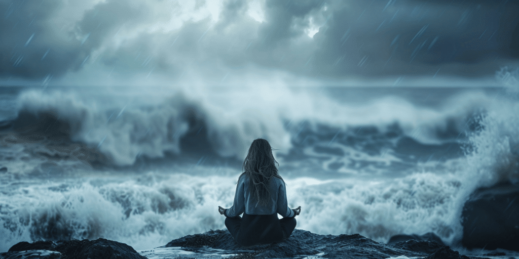 Kvinna som mediterar i storm framför ett hav. Så tar ni fram en plan för kriskommunikation