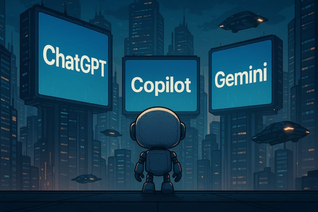 AI-robot som stirrar på skyltar där det står ChatGPT, Copilot och Gemini.