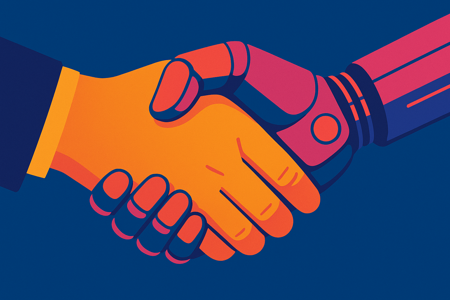 Två händer som skakar hand. Ena är mänsklig, andra är en AI-robot.