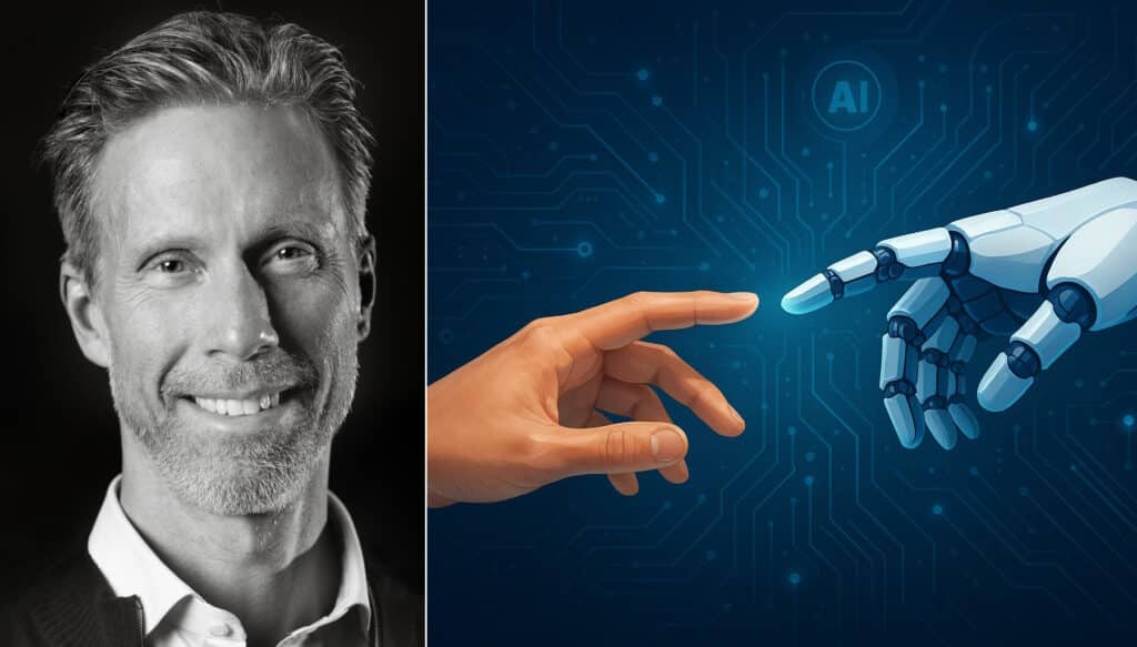 Magnus Sjöbäck, vd Greatness, och två händer som sträcker sig mot varandra, en mänsklig och en robot