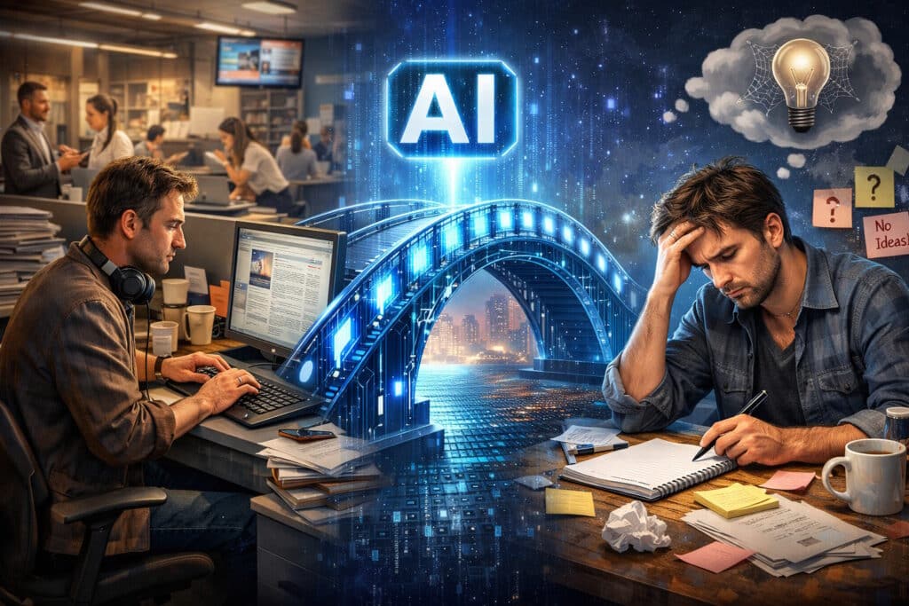 En journalist framför sin dator och en kommunikatör som kämpar med att komma på intressanta rubriker. I mitten en AI-bro, som symboliserar möjligheten att använda AI för att få publicitet i media 2026.